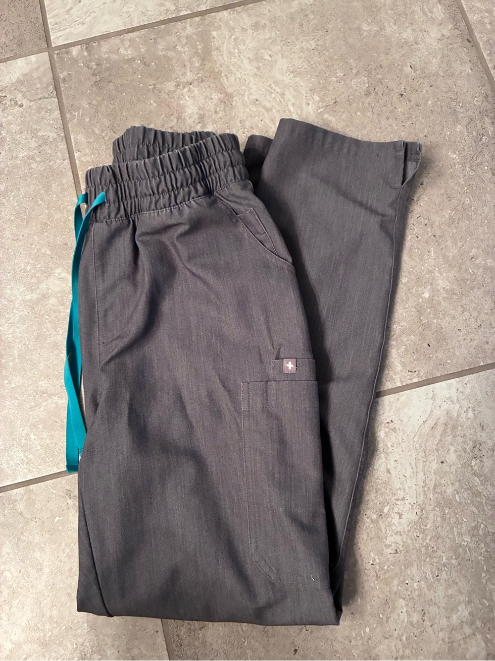 Figs Graphite Gray Scrub Pants with Teal Drawstrings
